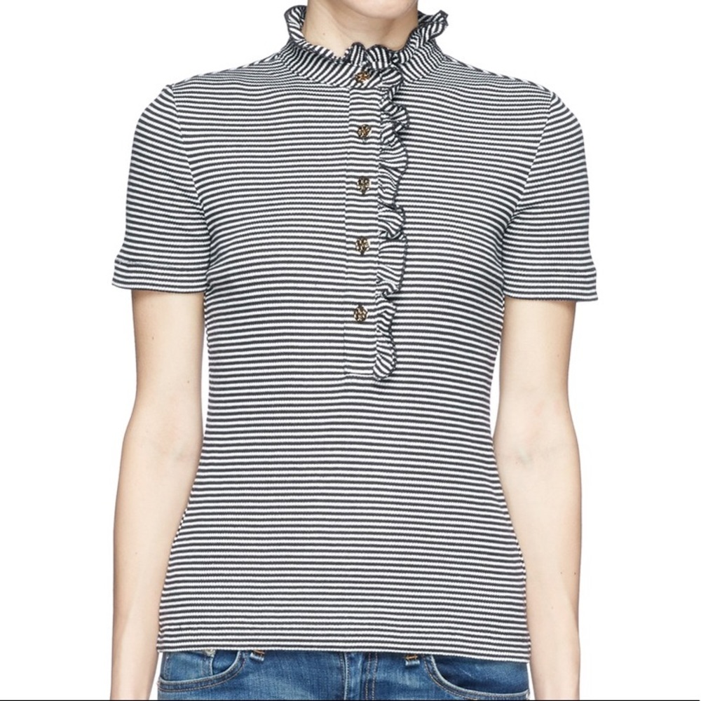 Tory Burch Lidia Ruffle Trim Striped Polo